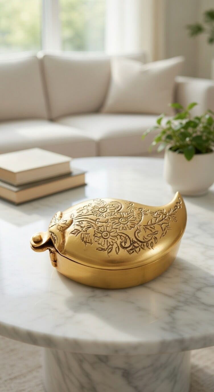 Handcrafted Brass Aambi Paisley Storage Box – Dual Compartment Jewelry & Kumkum Box