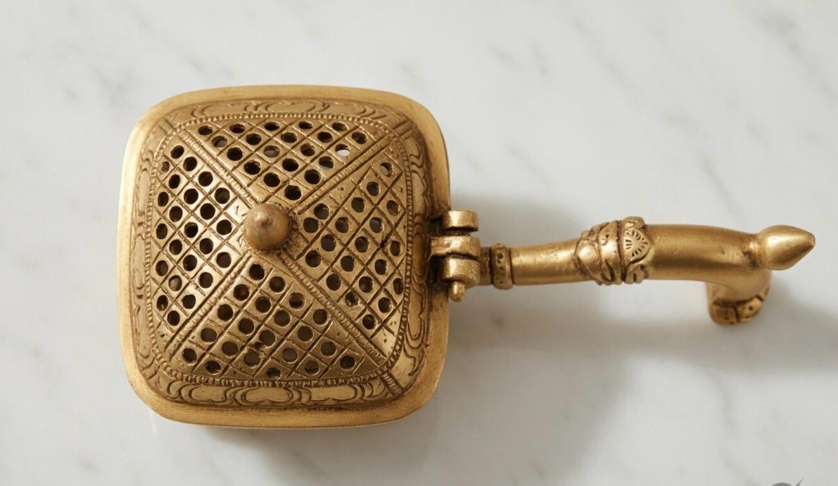 Handcrafted Brass Incense Burner with Handle & Hinged Lid – Gold Finish Dhoop & Loban Holder