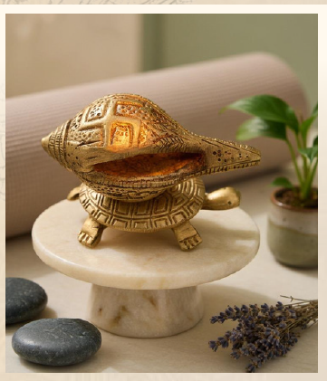 Sacred Brass Shankh on Kuber Yantra Tortoise Stand – Vastu & Feng Shui Decorative Set