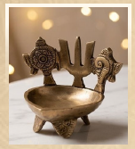 Handcrafted Brass Trishul Diya with Shankh & Chakra – Protective Vastu Oil Lamp