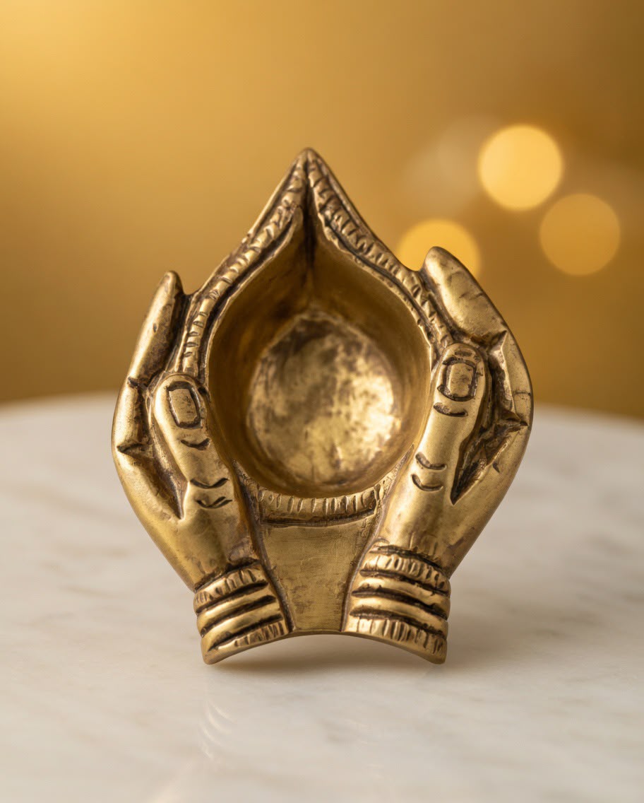 Handcrafted Brass Prayer Hands Diya – Traditional Oil Lamp & Decorative Incense Holder