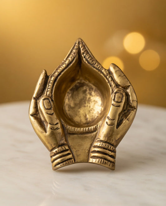 Handcrafted Brass Prayer Hands Diya – Traditional Oil Lamp & Decorative Incense Holder
