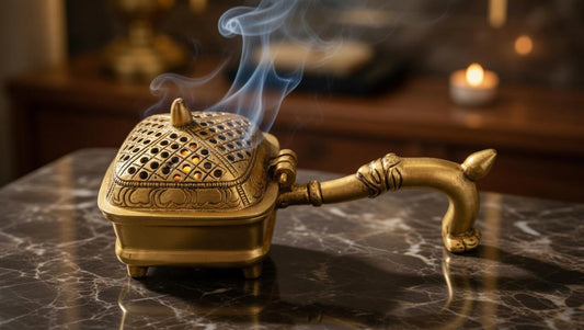 Handcrafted Brass Incense Burner with Handle & Hinged Lid – Gold Finish Dhoop & Loban Holder