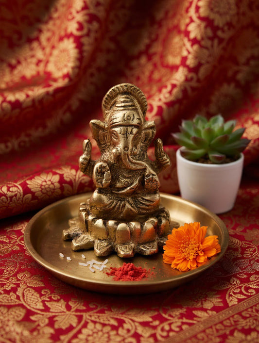 Handcrafted Brass Lord Ganesha Statue – Vintage-Style Blessing Ganesha Diya & Spiritual Home Decor