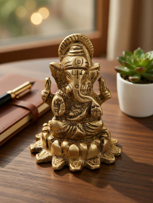 Handcrafted Brass Lord Ganesha Statue – Vintage-Style Blessing Ganesha Diya & Spiritual Home Decor