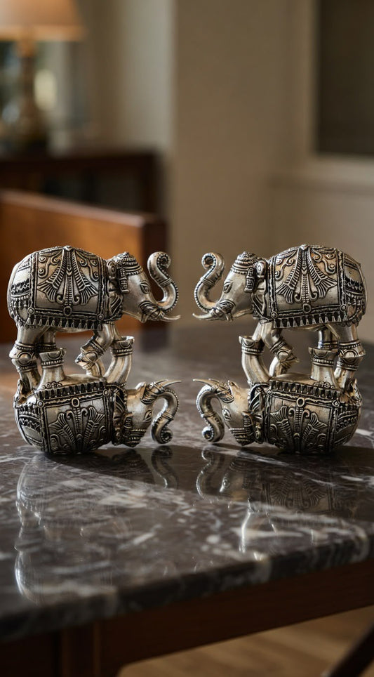 Handcrafted Antique Silver Royal Elephant Statue – Vintage-Style Good Luck Feng Shui Figurine & Home Decor