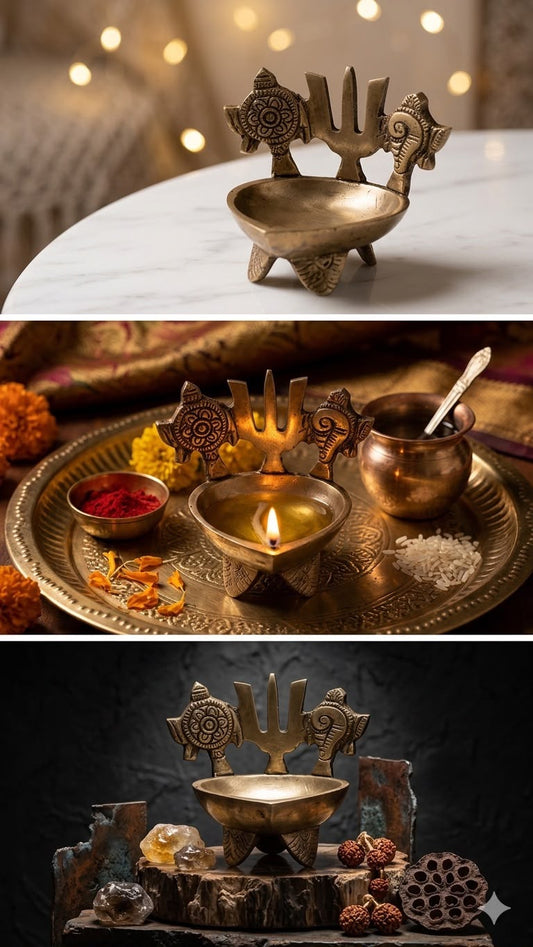 Handcrafted Brass Trishul Diya with Shankh & Chakra – Protective Vastu Oil Lamp