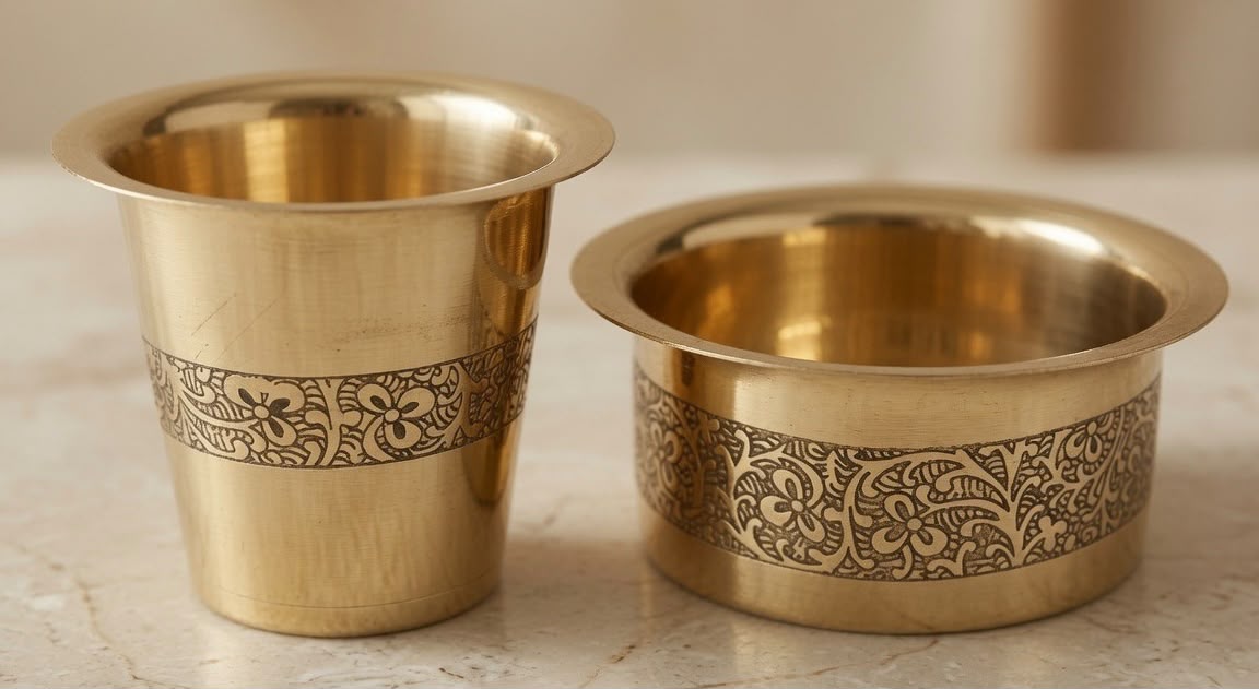 Handcrafted Brass Dabara Tumbler Set – Engraved Kumbakonam South Indian Filter Coffee Set