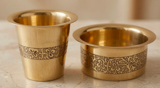 Handcrafted Brass Dabara Tumbler Set – Engraved Kumbakonam South Indian Filter Coffee Set