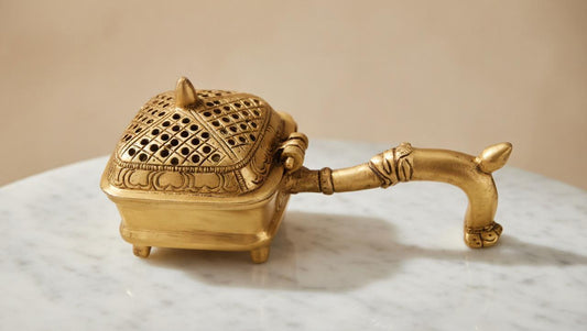 Handcrafted Brass Incense Burner with Handle & Hinged Lid – Gold Finish Dhoop & Loban Holder