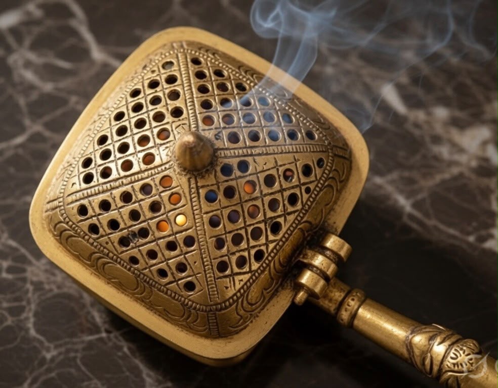 Handcrafted Brass Incense Burner with Handle & Hinged Lid – Gold Finish Dhoop & Loban Holder