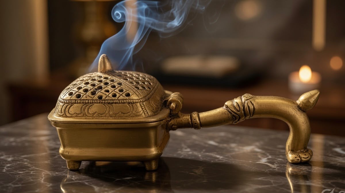 Handcrafted Brass Incense Burner with Handle & Hinged Lid – Gold Finish Dhoop & Loban Holder