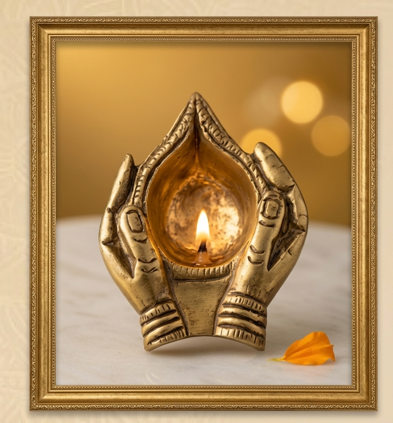Handcrafted Brass Prayer Hands Diya – Traditional Oil Lamp & Decorative Incense Holder